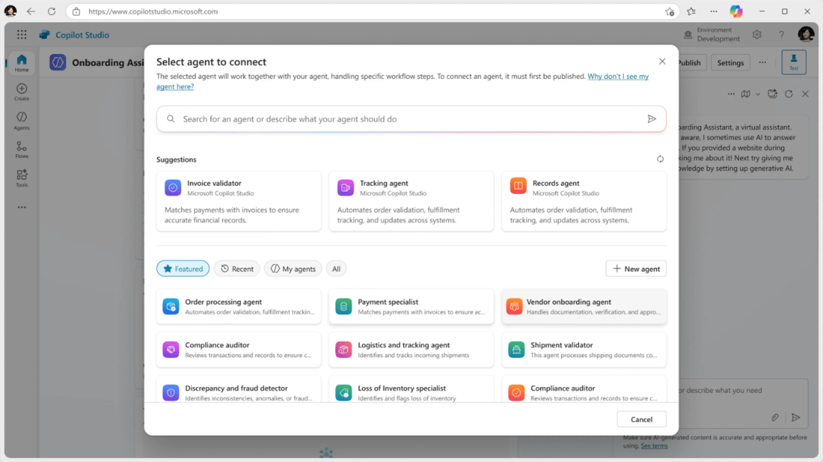 Pantalla de Copilot Studio llamada “Seleccionar agente para conectar”, donde puedes conectar varios agentes para trabajar juntos.