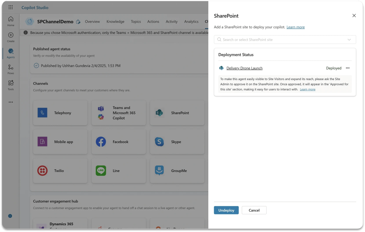 Pestaña Canales de Copilot Studio, que muestra a un creador implementando un agente en un sitio de SharePoint.
