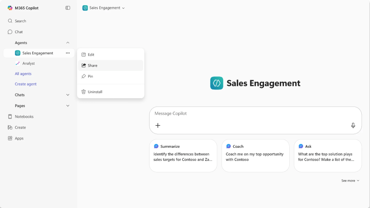 Microsoft 365 Copilot muestra la capacidad de compartir un agente de Sales Engagement en la navegación de la izquierda.