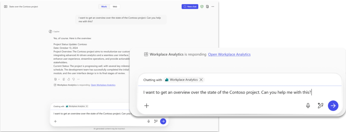 Una conversación de Copilot Chat que muestra una transferencia al agente de Workplace Analytics dentro del chat.