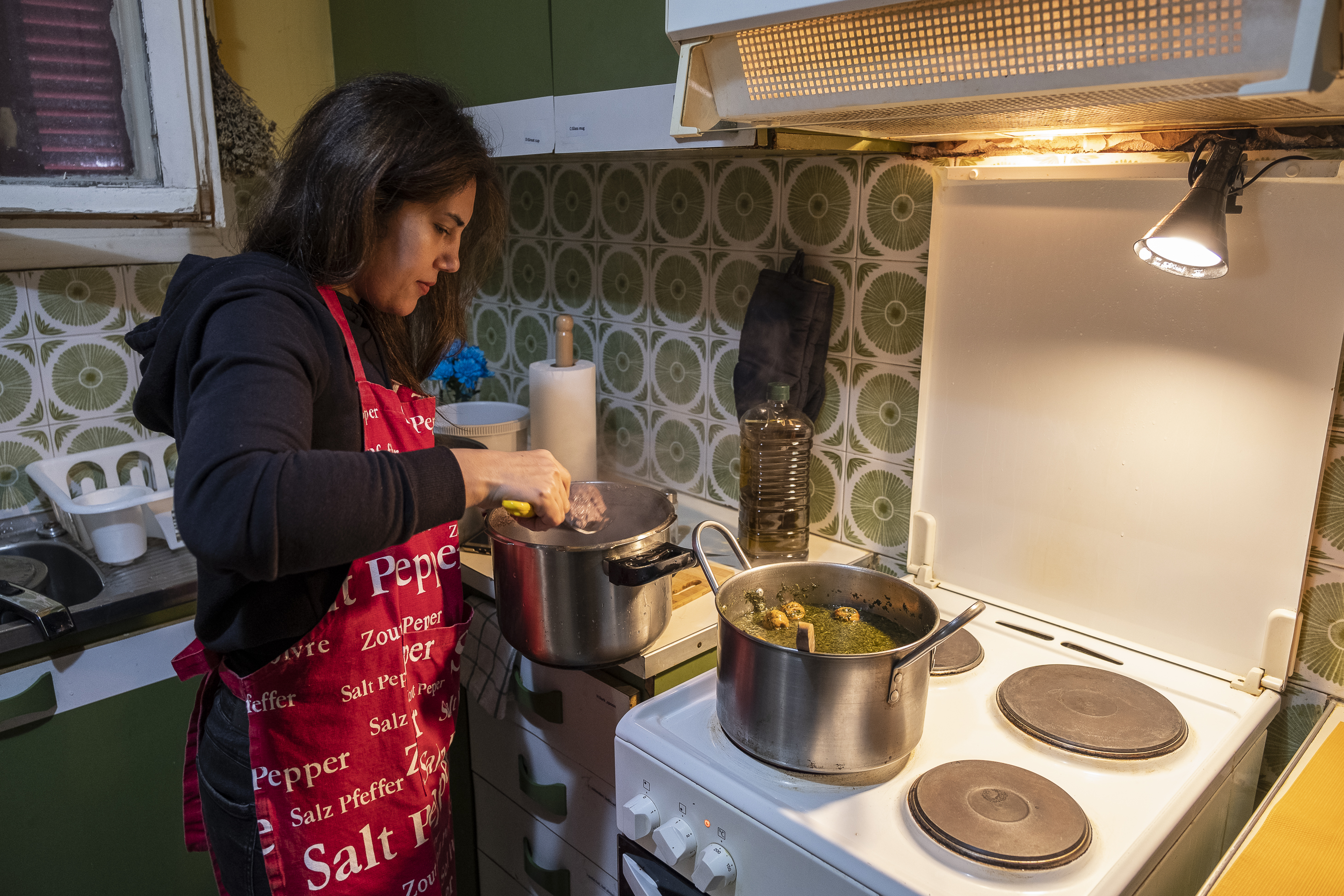 Serving it is like an act of magic. She arrived with nothing. Now this Iranian woman feeds