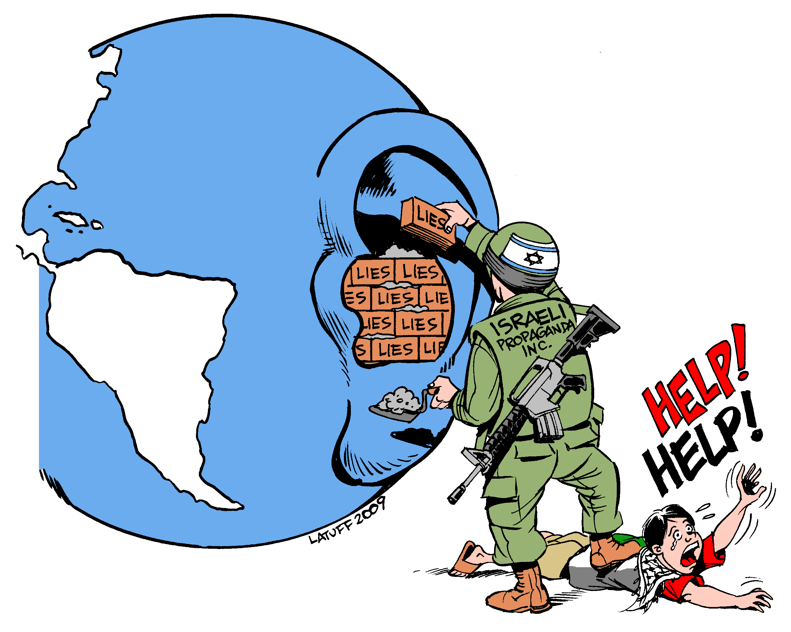 Israel Propaganda Machine- Cartoon [Cartoon Latuff/Wikipedia]
