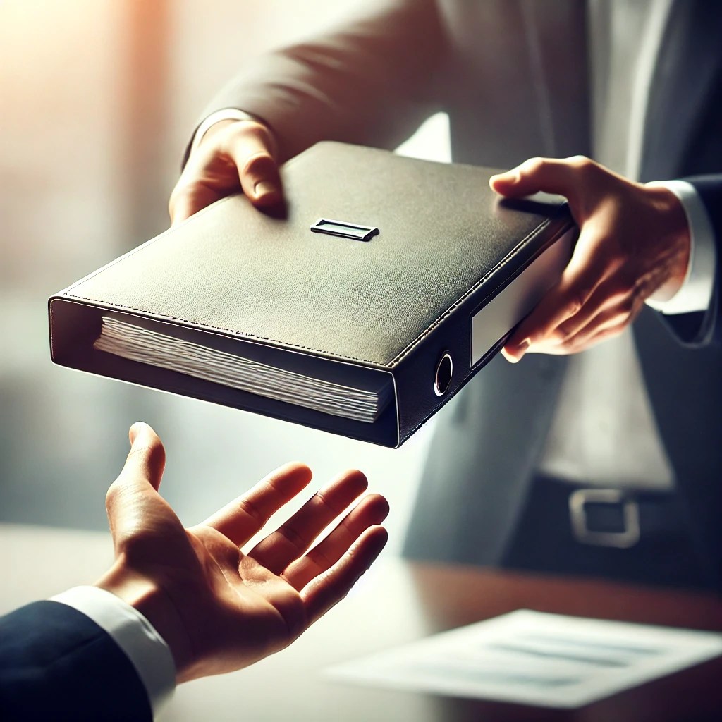 Business owner delegating financial documents to an advisor, symbolizing outsourcing finances to focus on growth.