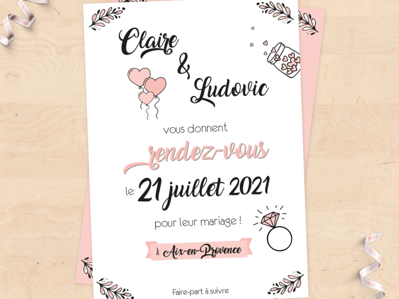 Faire-part de mariage "Save the Date" personnalisé - Collection douceur romantique