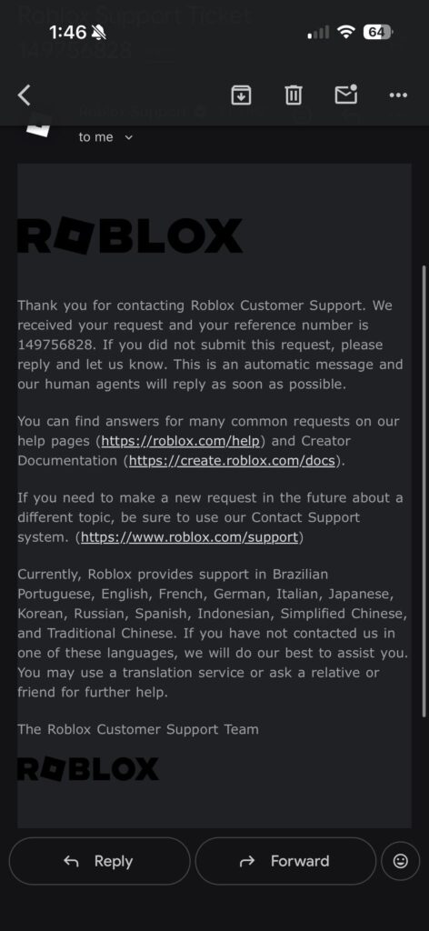 After I Emailed Roblox Customer Service I Got The Ticket To Get My Old 472x1024 