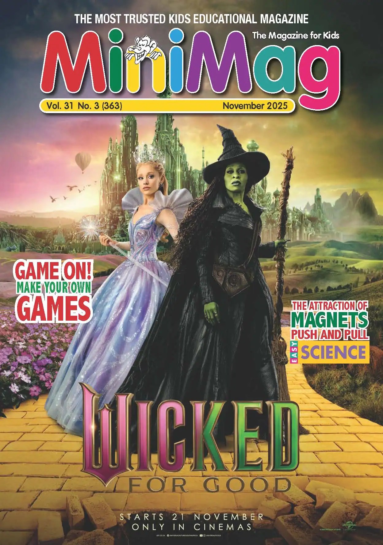 MiniMag November 2025 cover featuring Wicked: For Good, magnets, and game-making fun for curious kids this autumn.