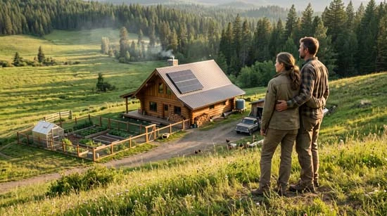 Self-reliant family planning off-grid water and solar on rural homestead