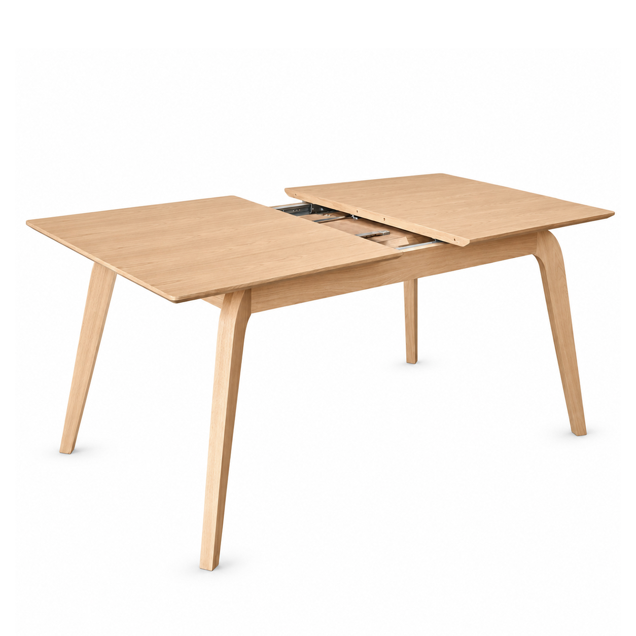Hangu ash extension dining table in Edmonton with veneer top, solid wood legs, and butterfly extension system