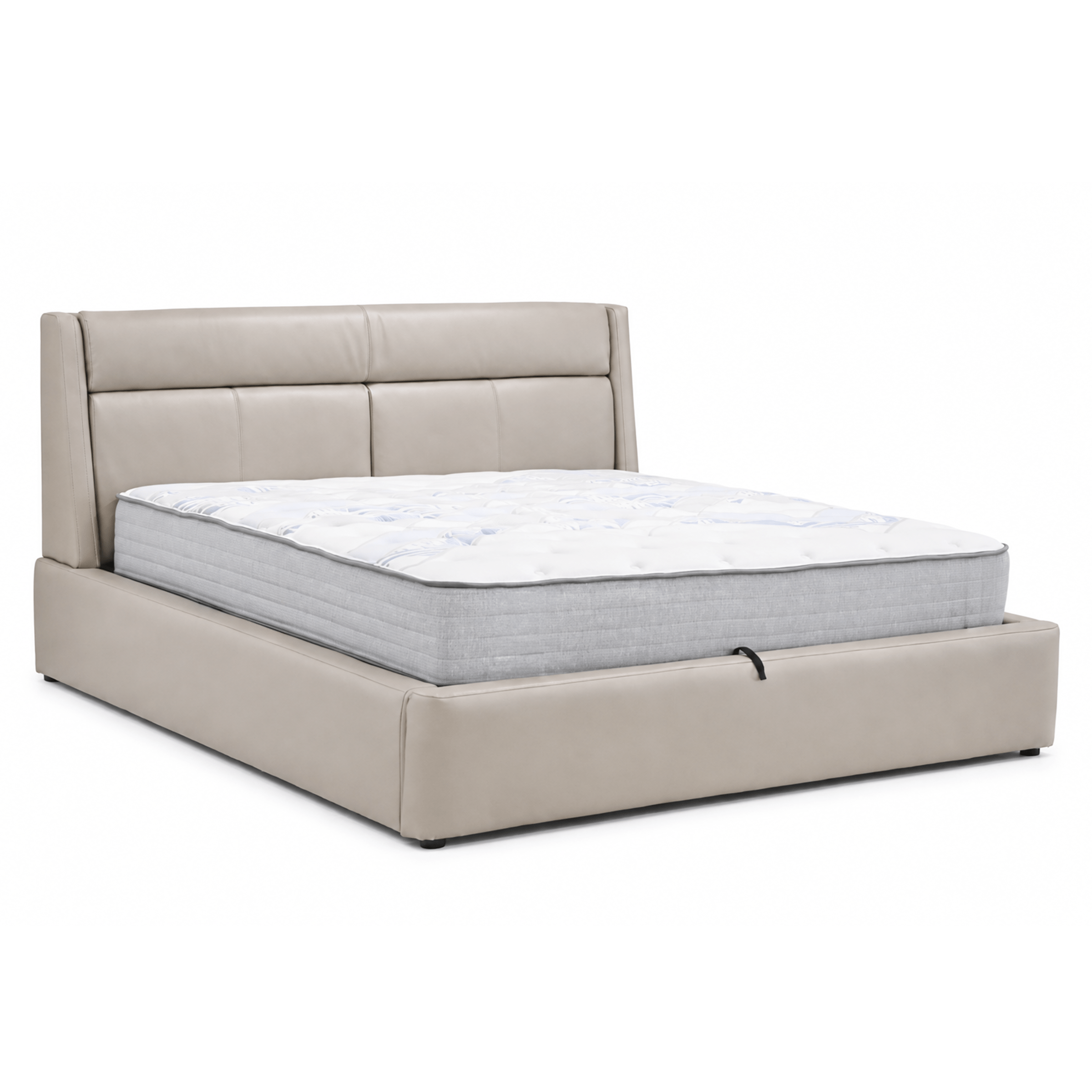 Serena silver grey polyurethane storage bed in Edmonton with lift-up mattress base and padded headboard