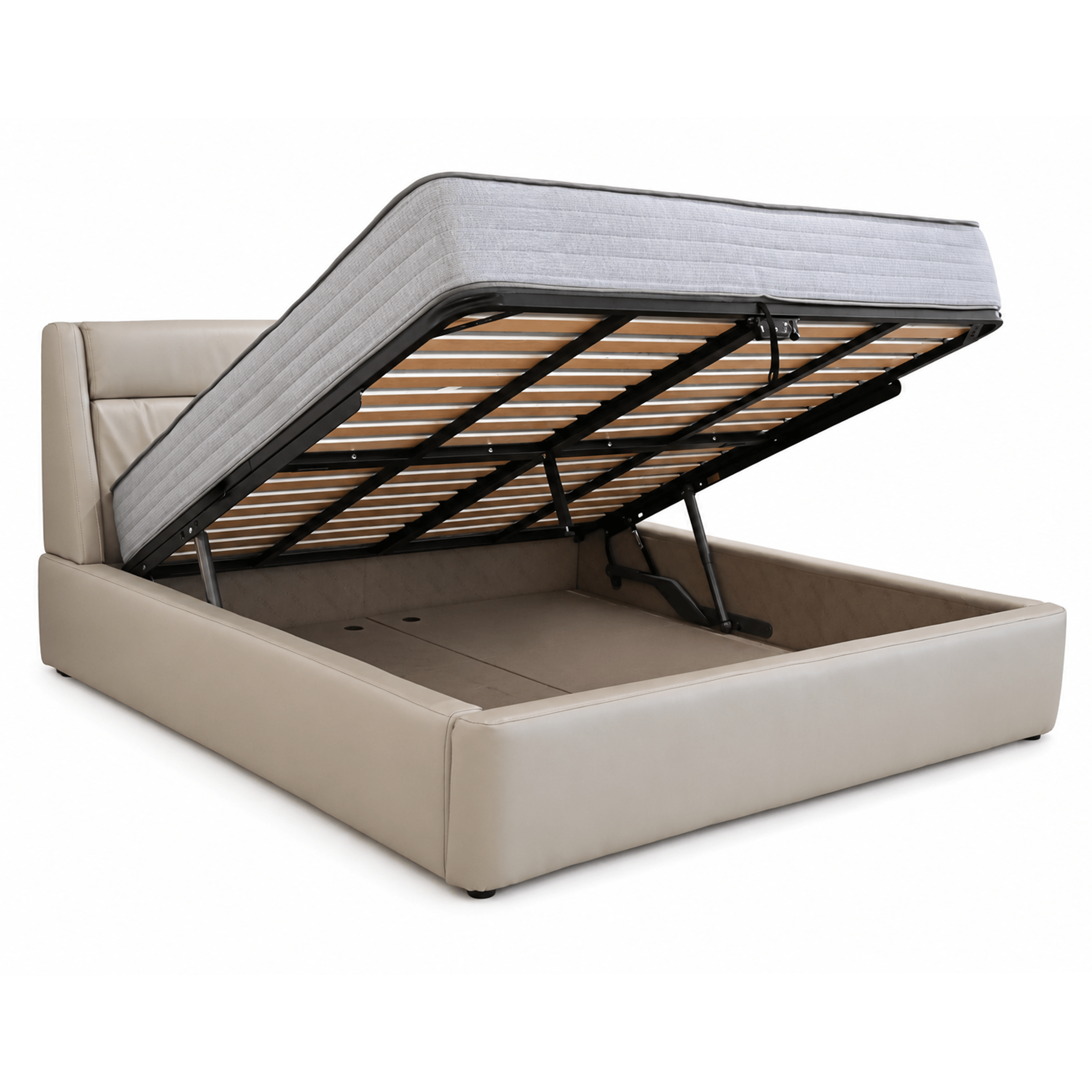 Serena silver grey polyurethane storage bed in Edmonton with lift-up mattress base and padded headboard