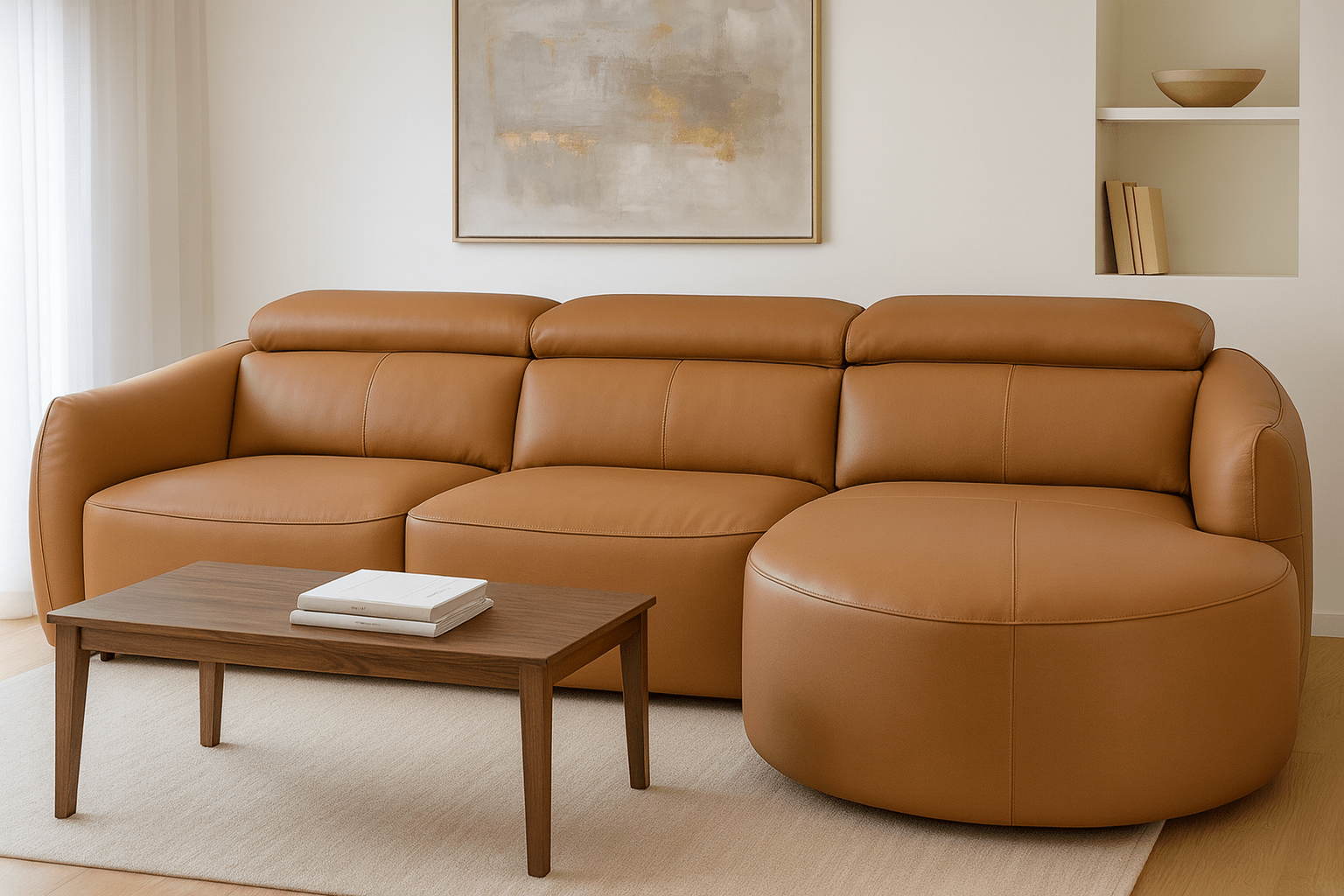 Tan top grain leather sectional sofa with rounded chaise and walnut veneer coffee table, lifestyle interior view, Edmonton, Alberta