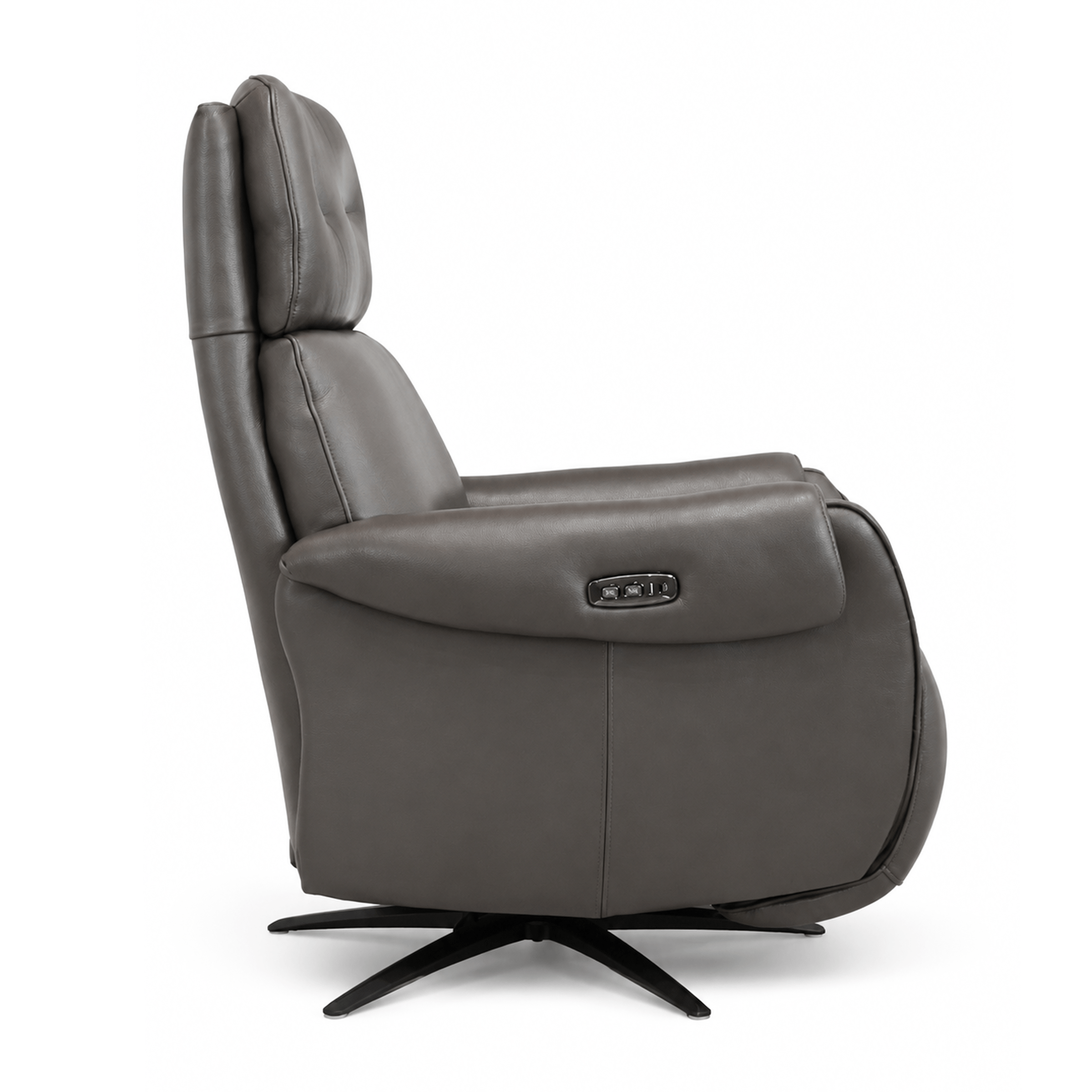 Erice graphite leather recliner armchair in Edmonton with swivel base and black powder-coated legs
