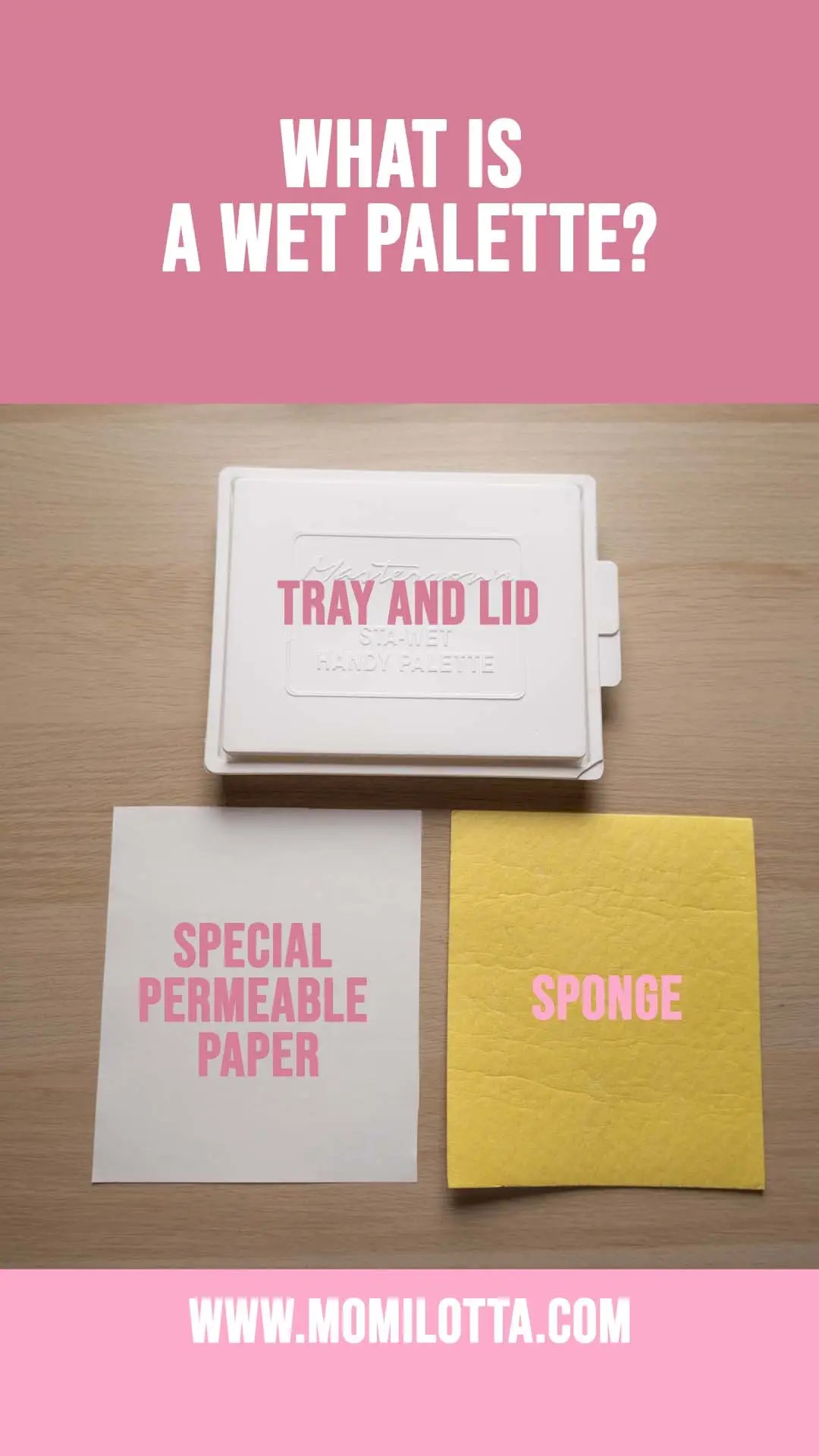 An image illustrating the components that make up a wet palette, including the tray, the sponge, and the special permeable paper or Hydration Paper.