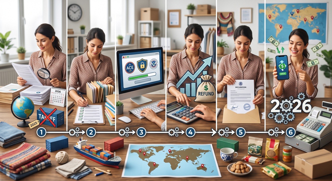 A six-panel infographic titled 'Tariff refunds: 6 real steps for small importers in 2026'. A woman in a home office progresses through steps of a gear-driven timeline: from identifying old tax documents using a calendar and magnifying glass, organizing files, inputting data via a secure computer portal, calculating potential refunds with a money bag and calculator, receiving an official declaration document, and finally celebrating success with cash flowing from her phone and the year '2026' in gears. Cargo containers and global maps are in the background.