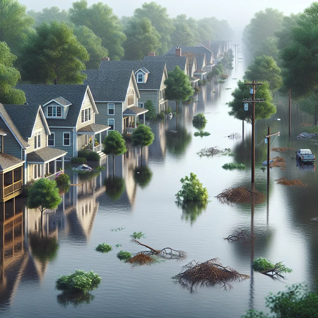 A detailed view of a suburban neighborhood with visible flood damage and aftermath from a heavy rainstorm. A flooded suburban neighborhood with homes displaying visible flood damage, partially submerged trees, and debris from a heavy rainstorm.