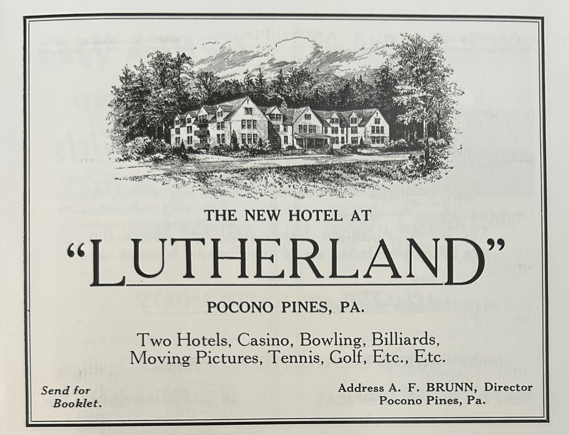 Lutherland Advertisement in Pocono Pines PA. Mr Local History Brooks Betz