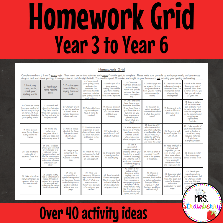 Homework Grid - Mrs. Strawberry - Engange and motivate students!