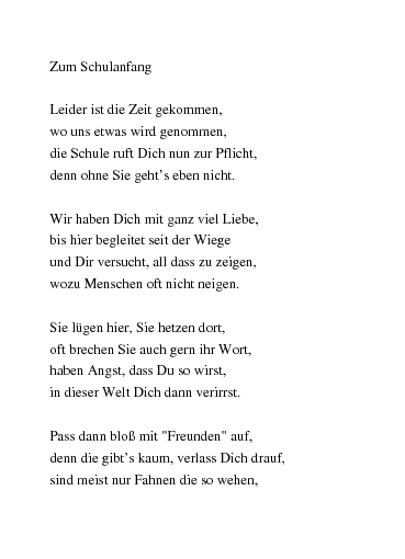 Ein gedicht zum schulanfang sollte das beinhaltete thema treffend und unterhaltsam wiedergeben, dem schenker sowie dem beschenkten gefallen und der gewünschten . Gedichte Zum Schulanfang Von Norbertvantiggelen