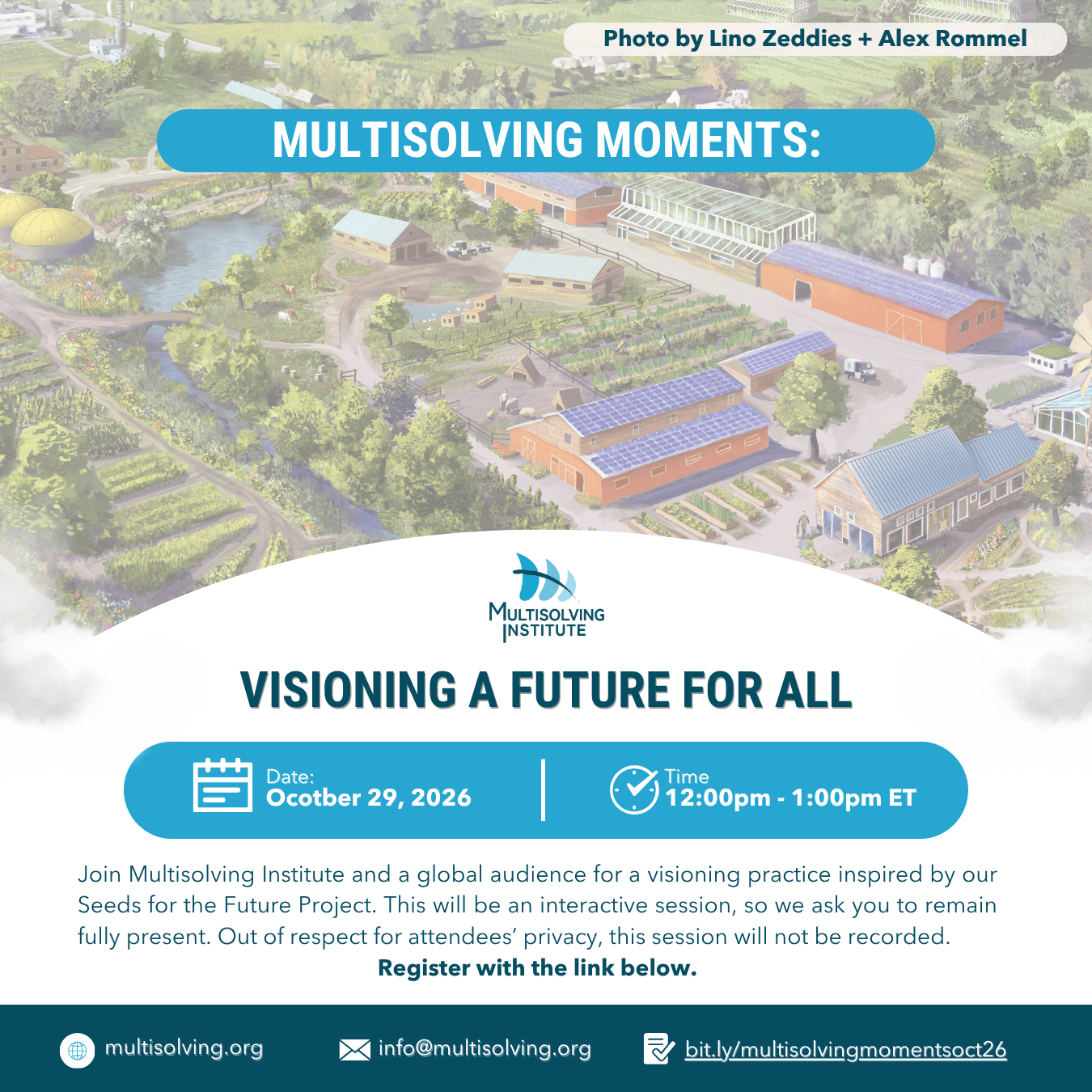 Event flyer for multisolving moment october 26, features cloud, arc, and illustration of futuristic farm