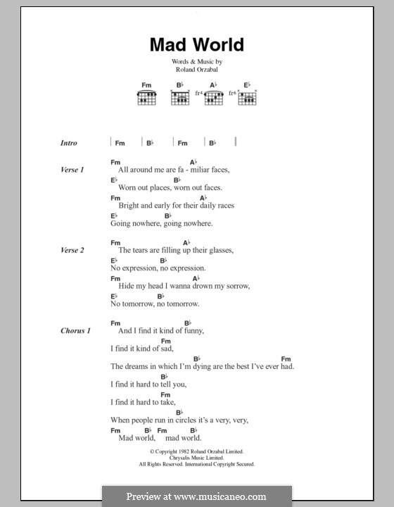Michael Andrews Mad World Chords . Mad World (Gary Jules & Michael Andrews) by R. Orzabal on ...