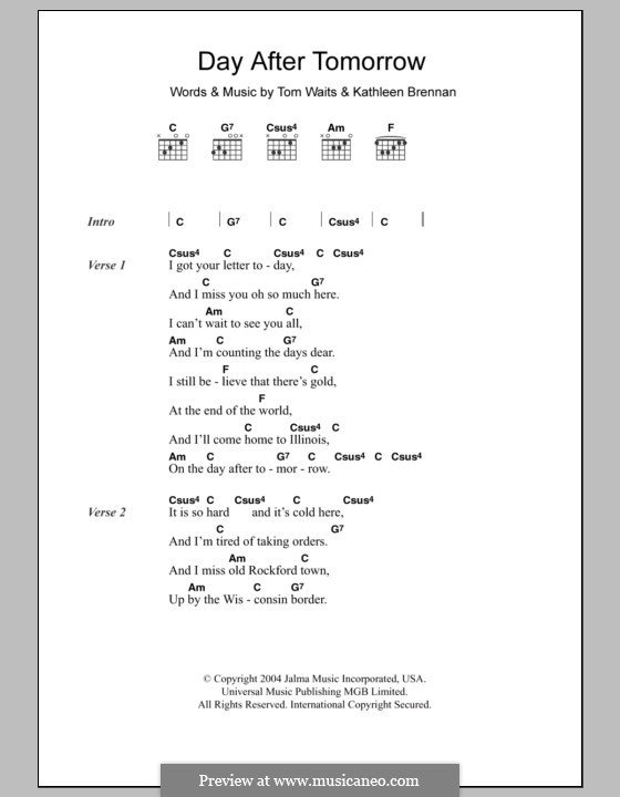 And it's hotels and whiskey and sad luck dames. Day After Tomorrow by K. Brennan, T. Waits - sheet music