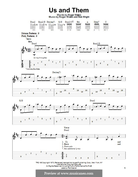 Us And Them K Floyd R Wright R Waters Sheet Music On Musicaneo It was written by Richard Wright and Roger Waters and sung by David Gilmour harmonies by Wright.