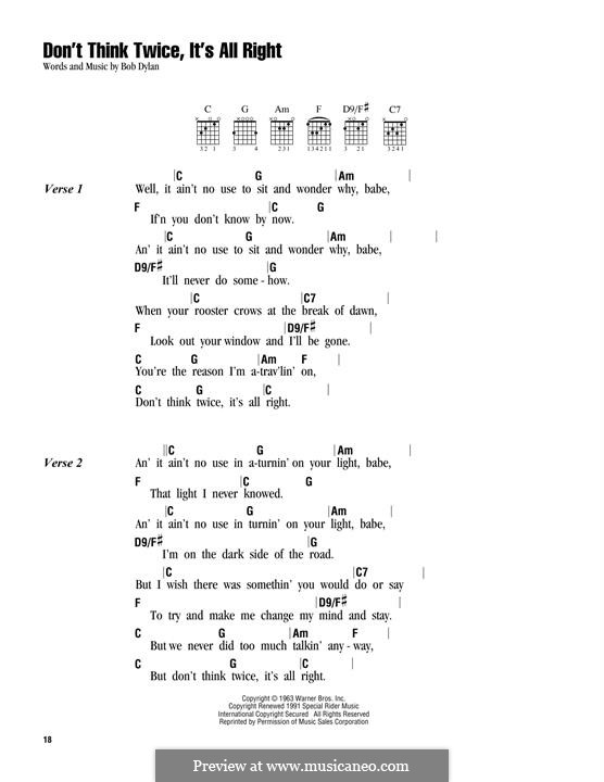 Don?t think twice it?s alright ? Don T Think Twice It S Alright By B Dylan Sheet Music On Musicaneo