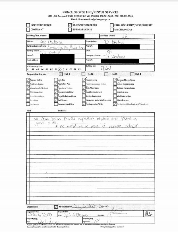A copy of the fire inspection report for July 6.