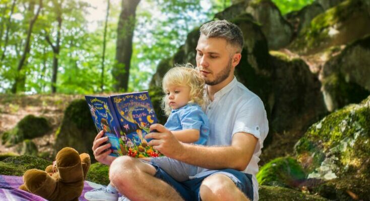 Man and child reading book