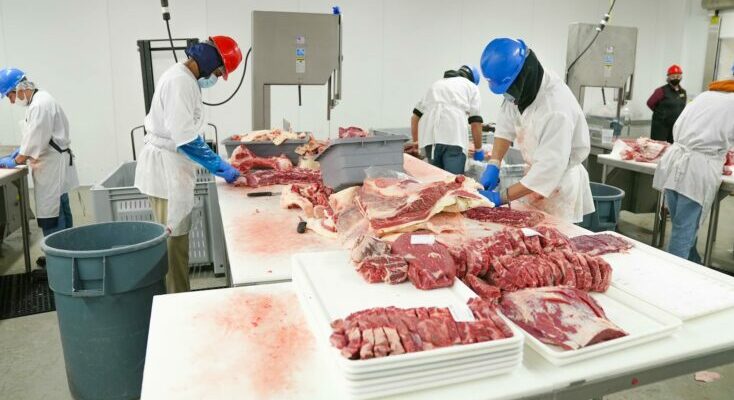 Butchers on the meat products production line