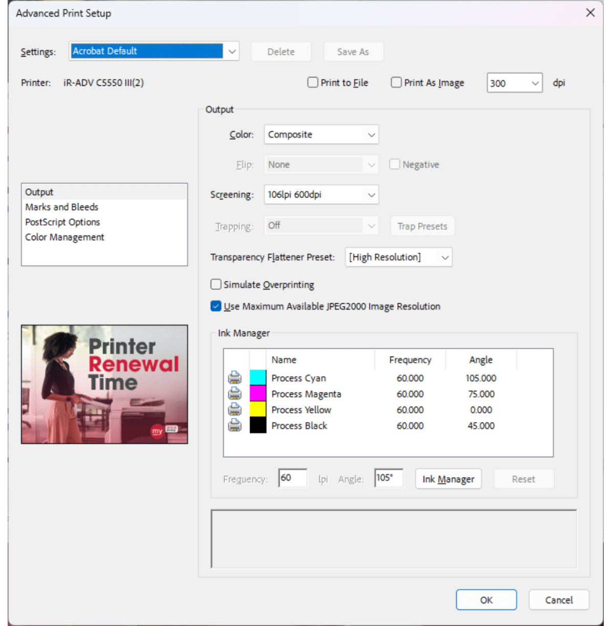 Advanced print setup when using Adobe Acrobat