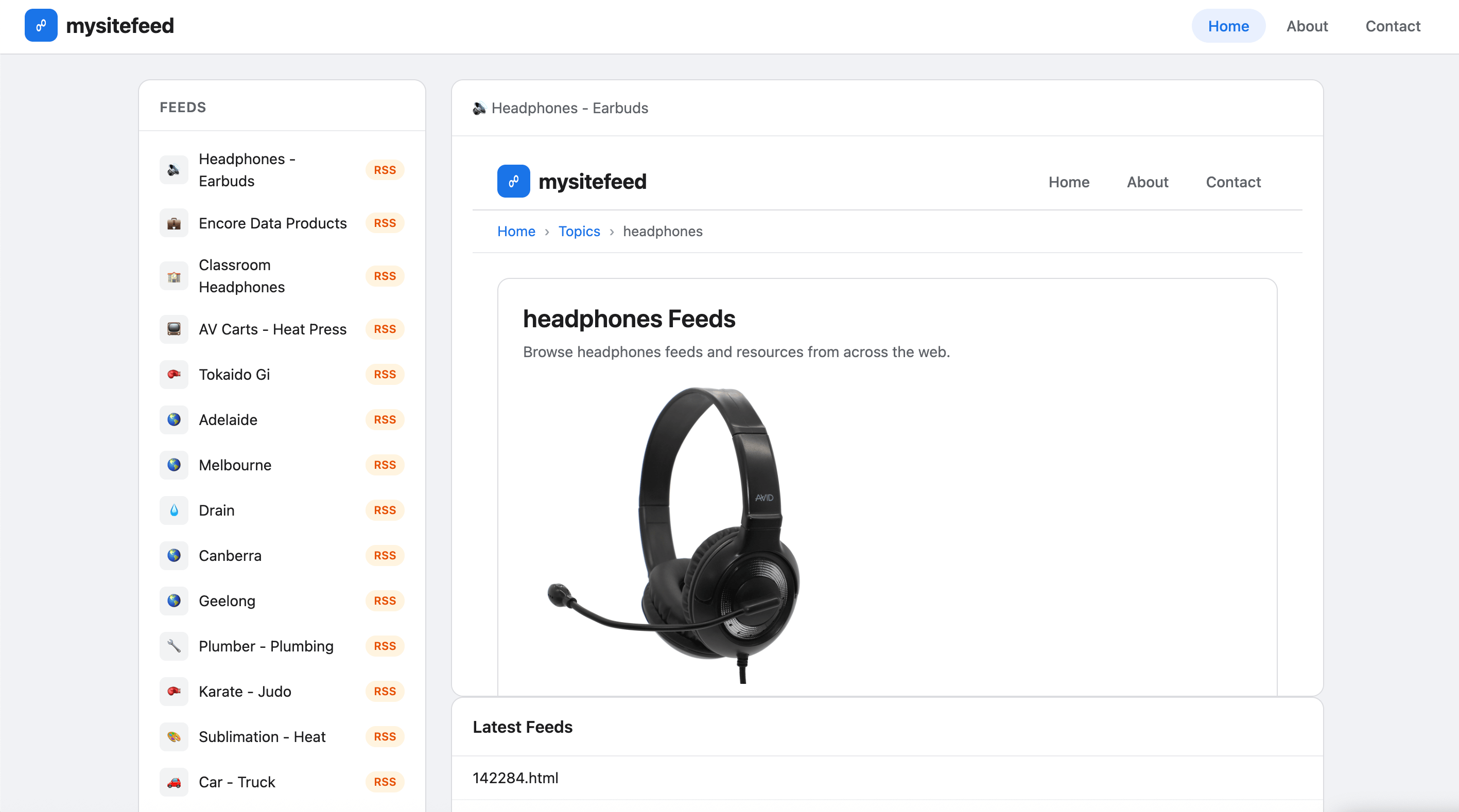 Screenshot capture of mysitefeed.com headphones feeds page displaying a black over-ear headset with microphone and a sidebar list of RSS feed categories