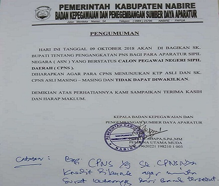 44 po box 69 (0532)21233 pangkalan bun. Bkpsda Nabire Mulai 9 Oktober Bagikan Sk Pns Kepada 864 Cpnsd