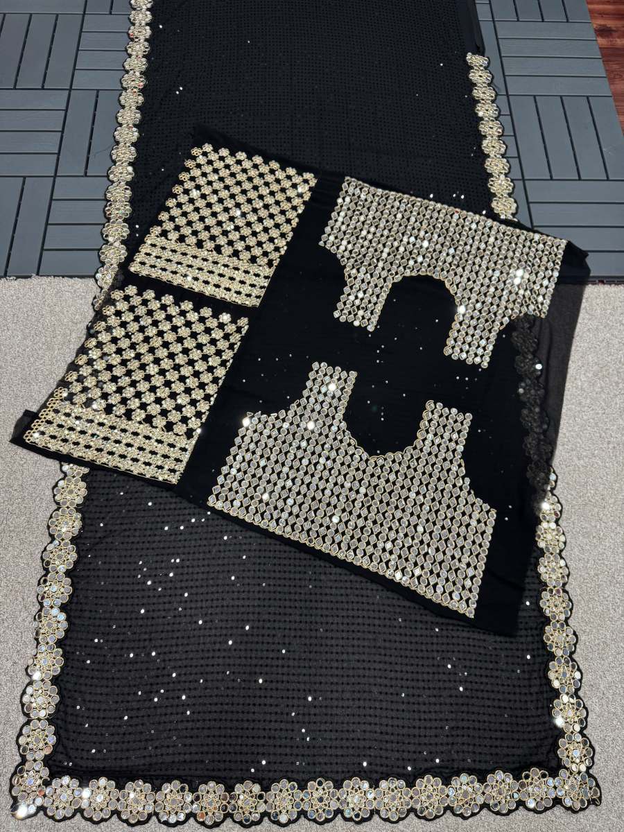 Black Georgette Designer Saree with Mirror Work - Image 2