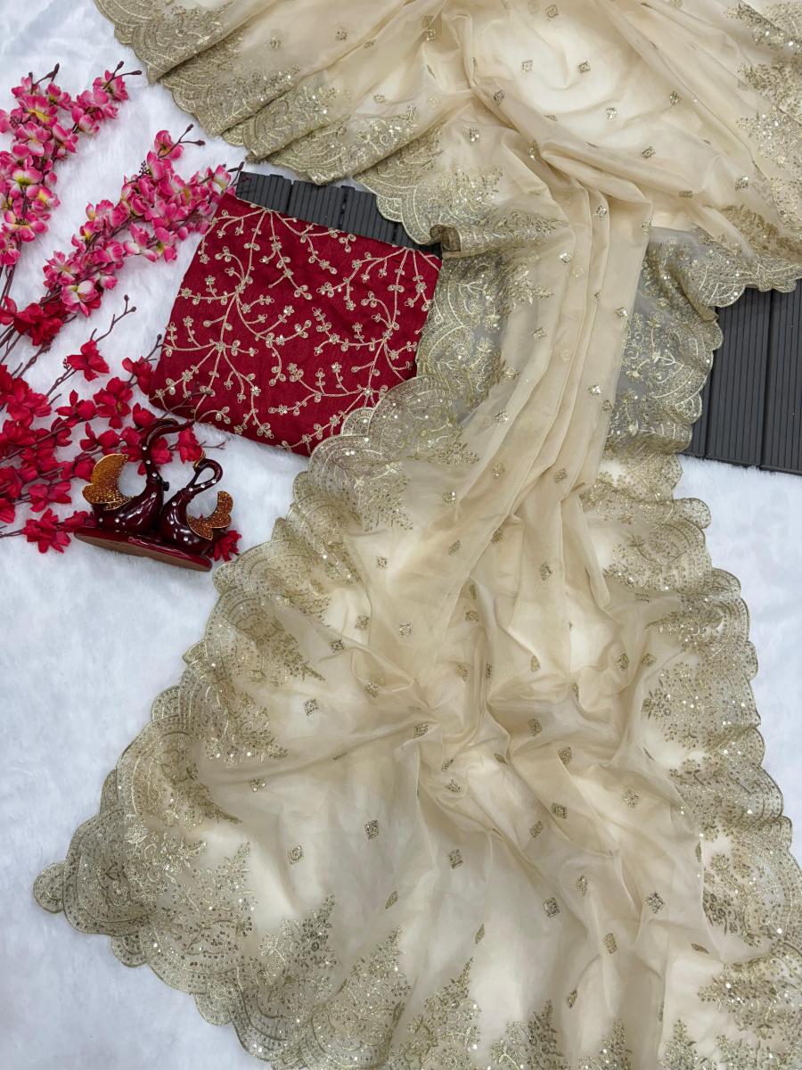 Champaign gold designer organza saree - Image 4