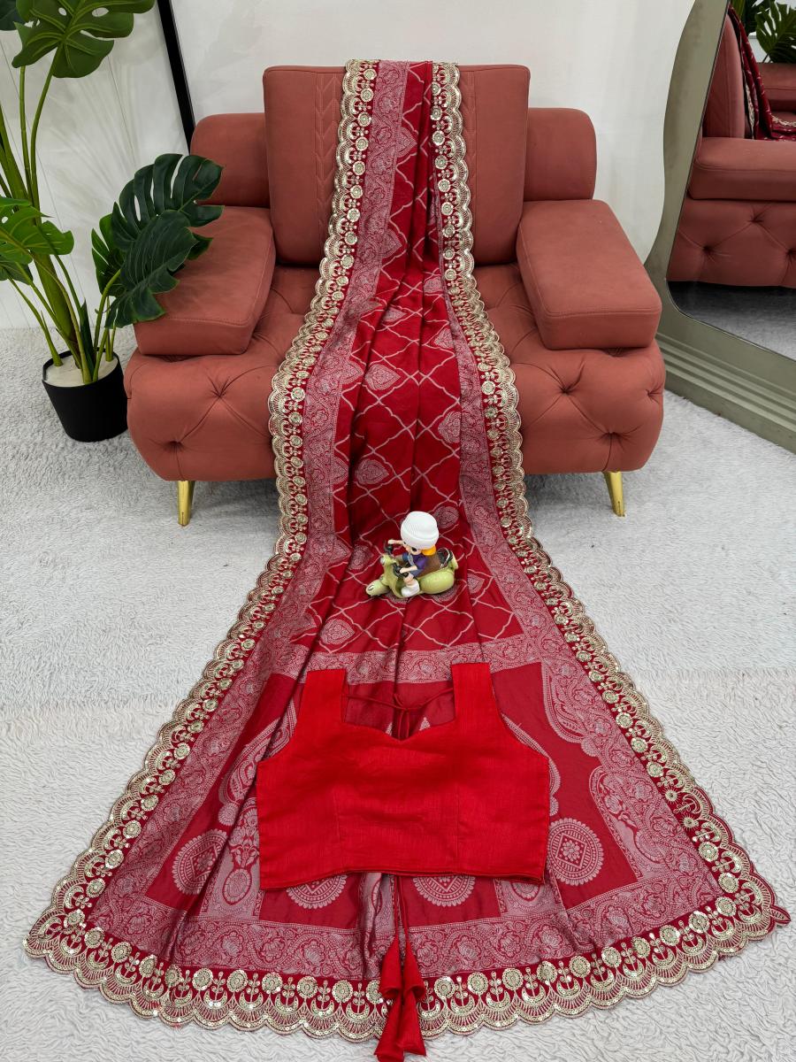 Red Kota Silk Saree with Lace Work - Image 3