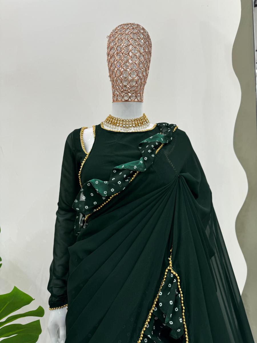 Green Georgette Saree  with Ruffle - Image 4