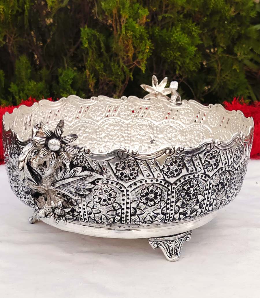 Antique German silver flower carving urli with 2 handle - Image 2