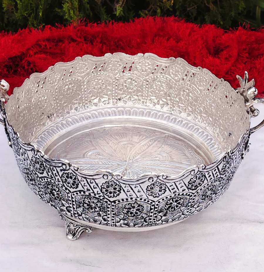 Antique German silver flower carving urli with 2 handle - Image 3