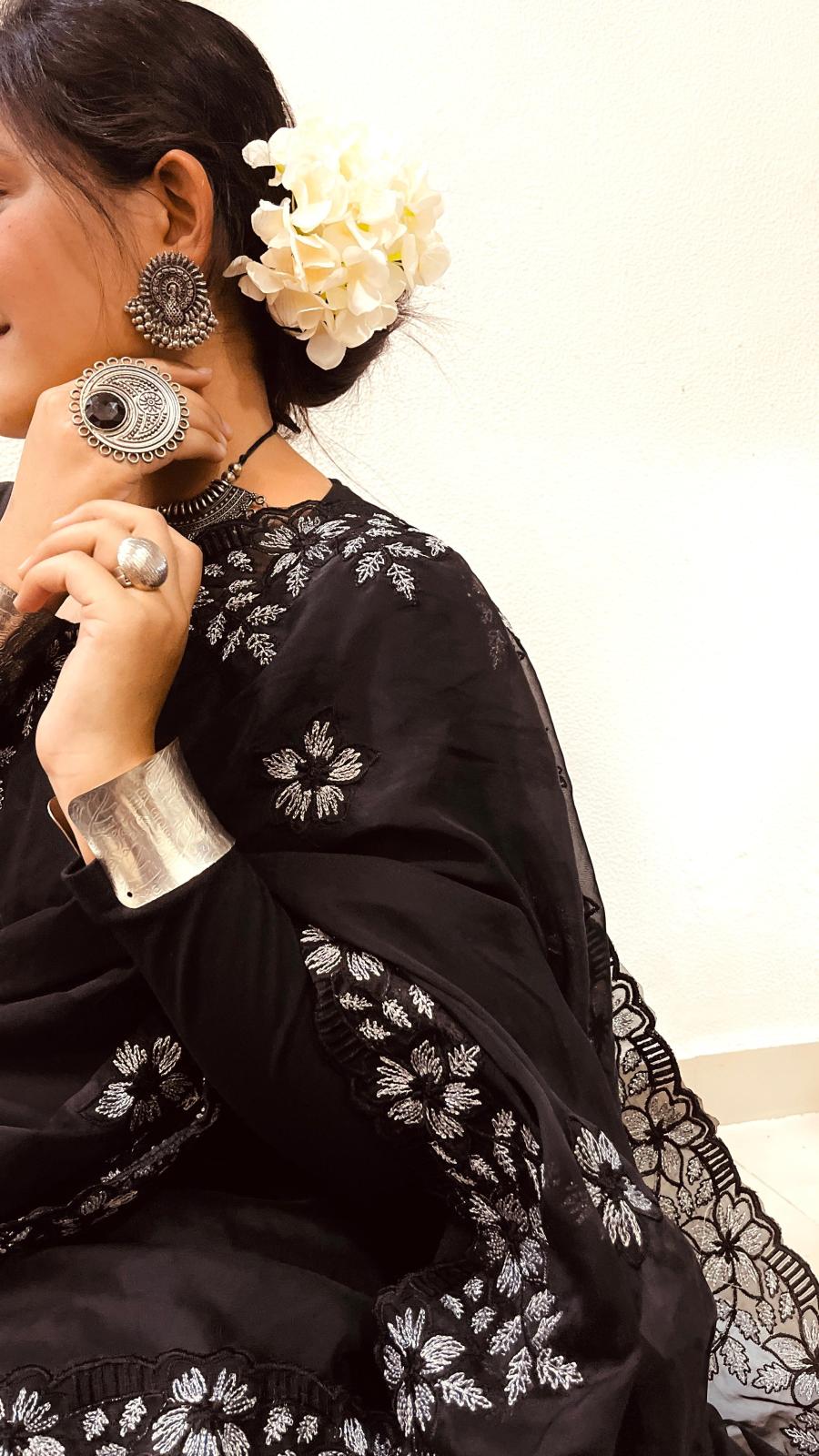 Pure Soft Organza Saree With Multy Black and Silver Thread