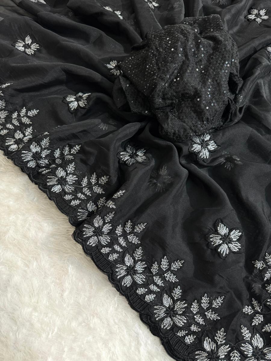 Pure Soft Organza Saree With Multy Black and Silver Thread - Image 3