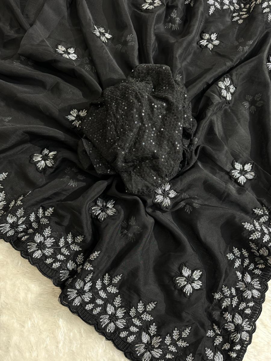 Pure Soft Organza Saree With Multy Black and Silver Thread - Image 4