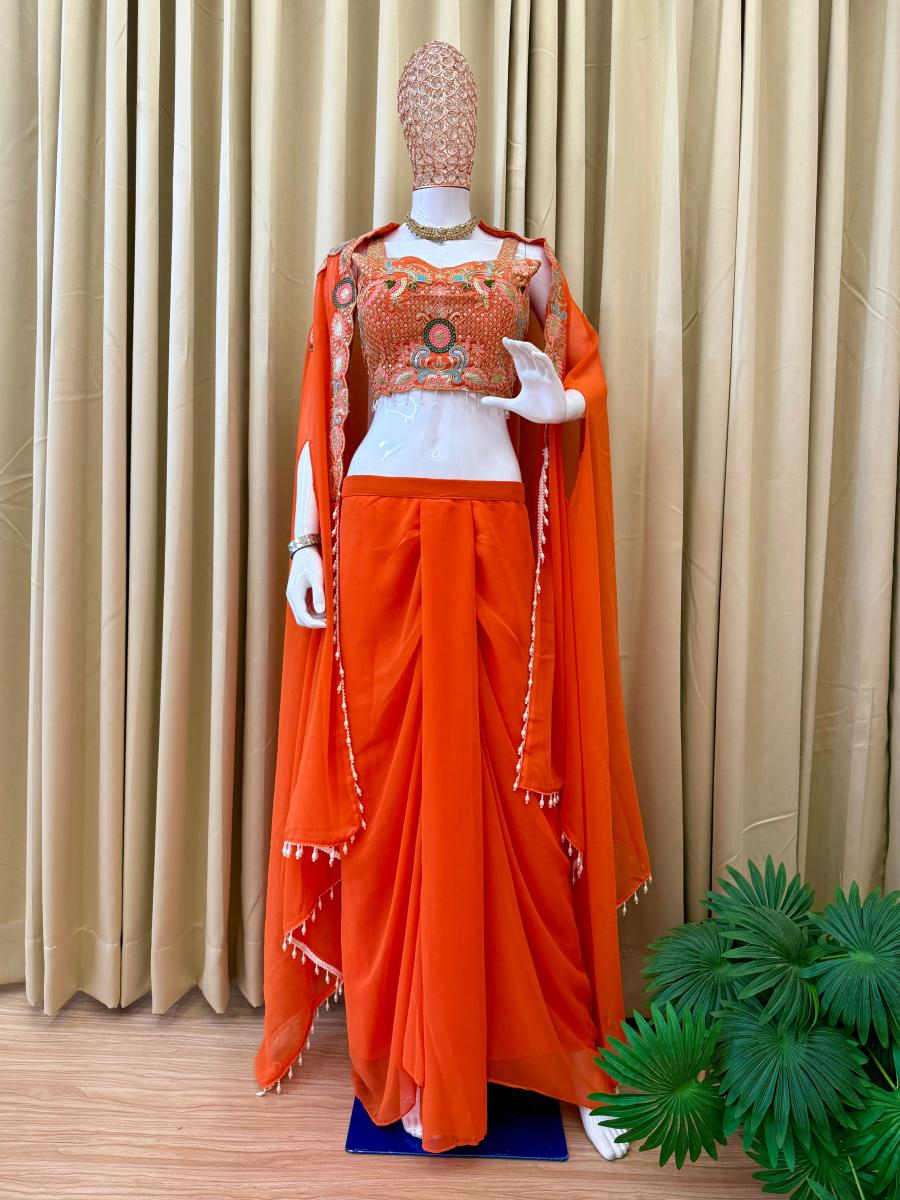 Indo Western Styled Lehenga and Shrug Saree - Image 3