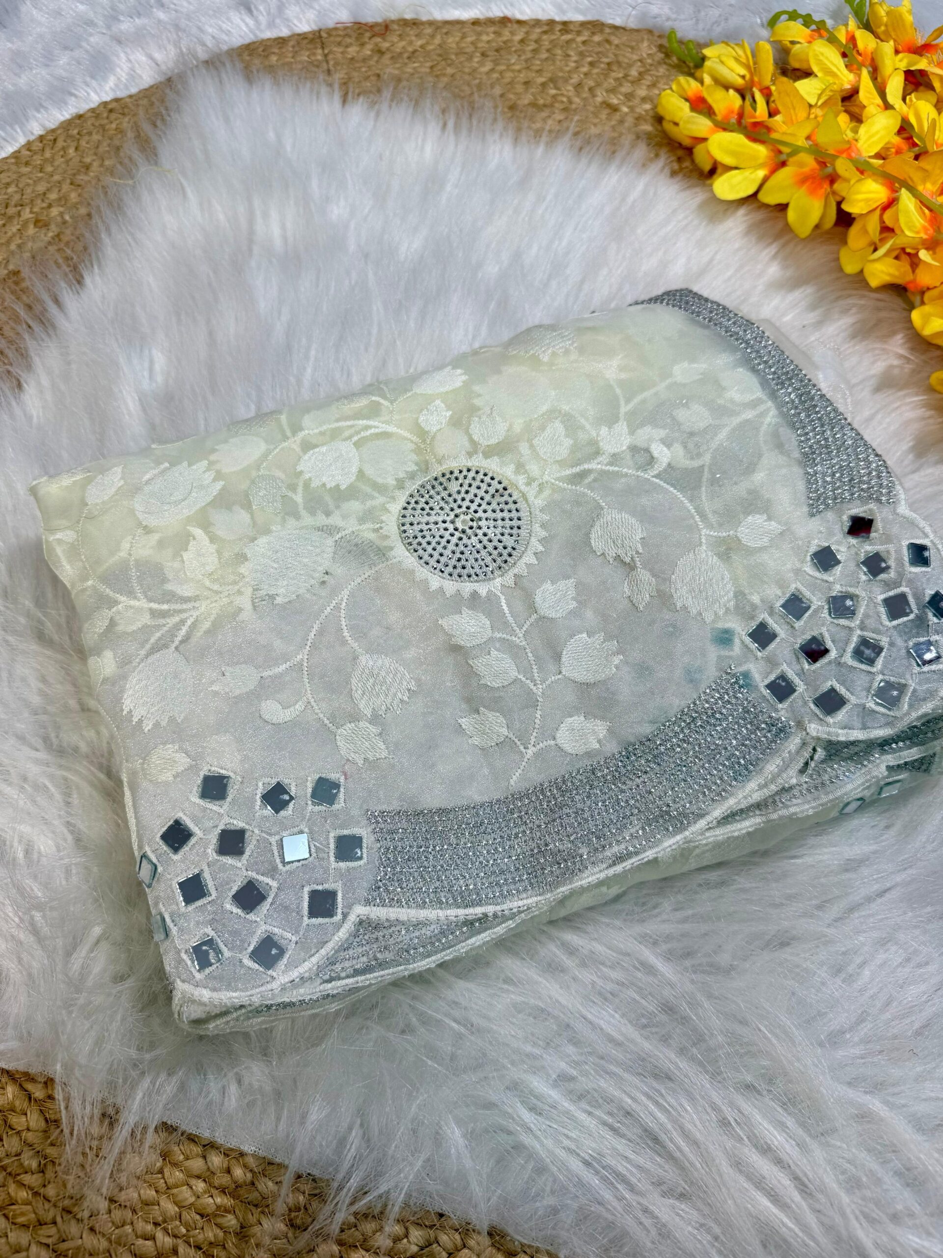 White Organza Saree with Zaal Work - Image 4