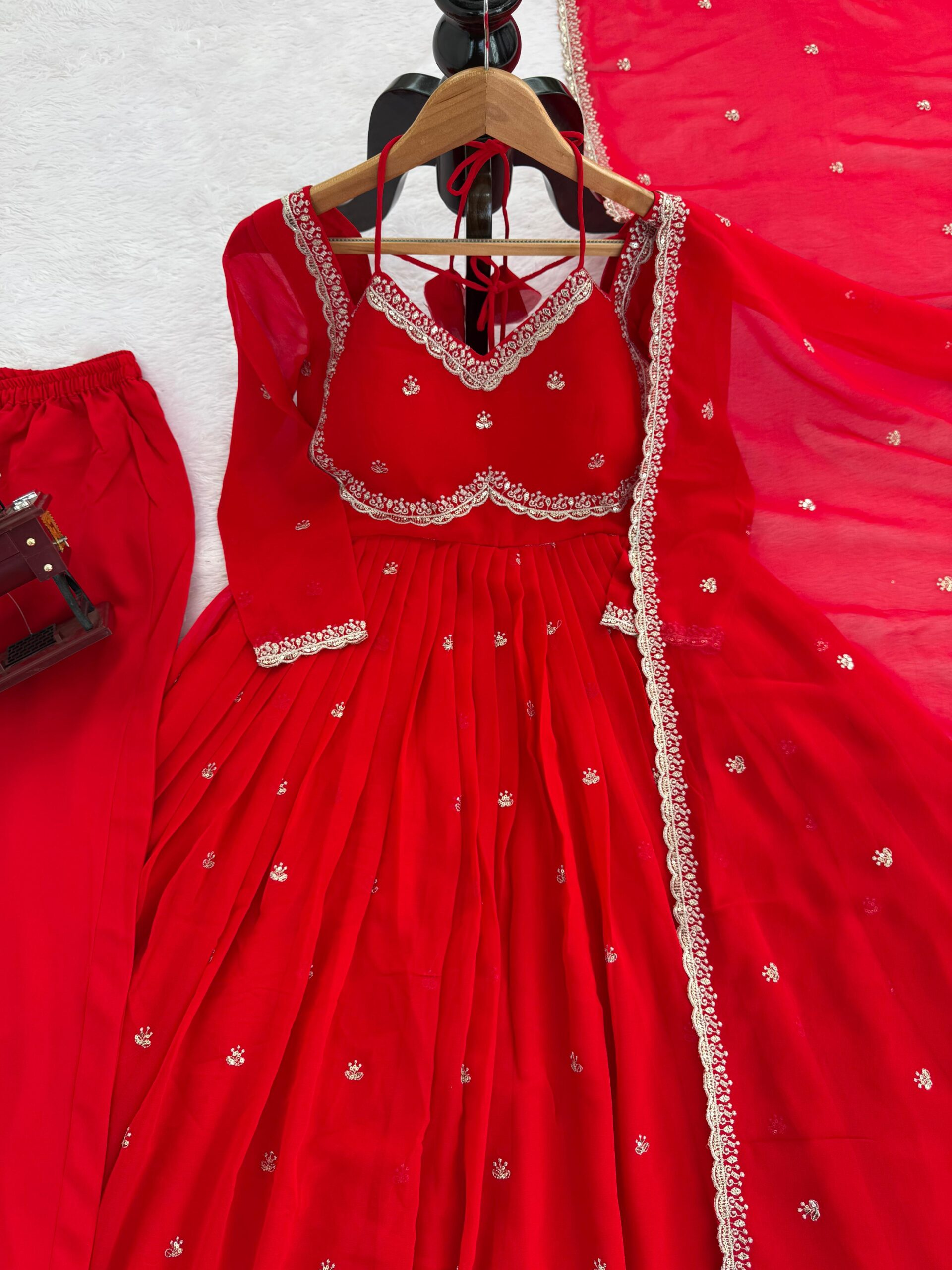 Red Faux Georgette Anarkali Dress - Image 3