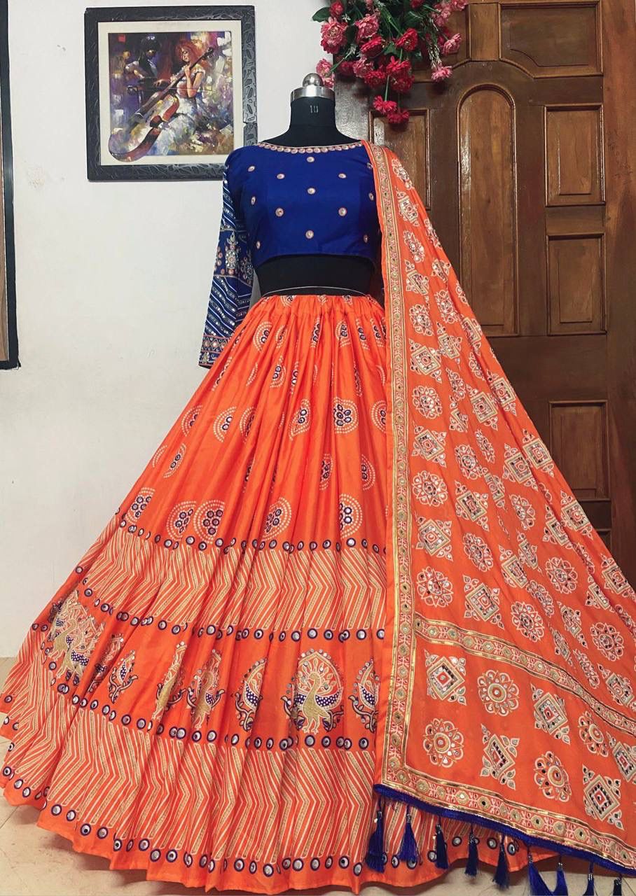 Blue Red Printed lehenga choli in heavy Butter silk - Image 4