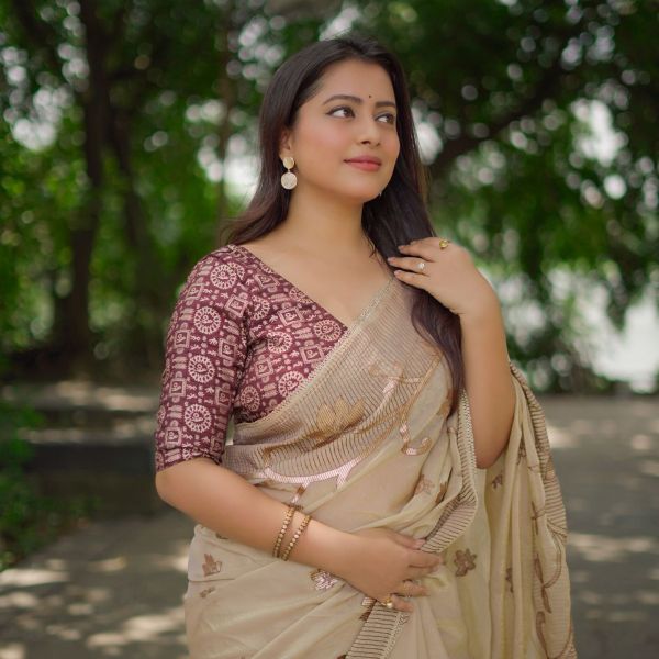 Soft Satin georgette saree in goldish beige