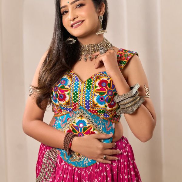 Pink Fully Stitched Lehenga Choli with Mirror