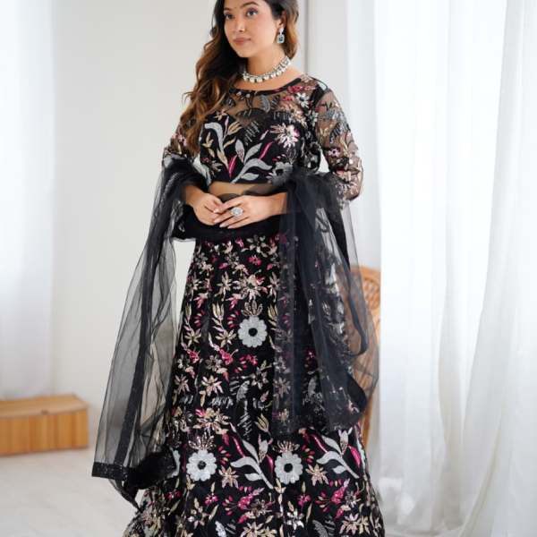 Black Butterfly Net Lehenga Embellished Work
