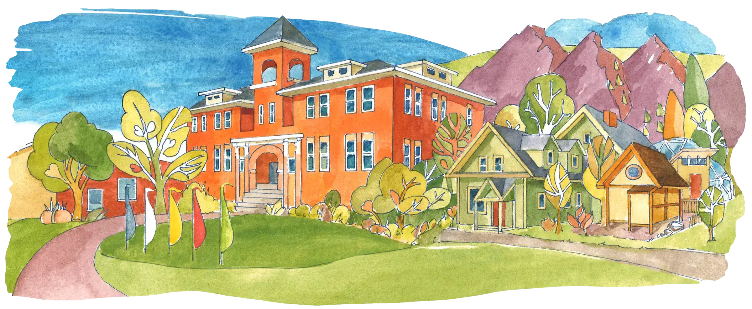 A watercolor of the Naropa's Arapahoe Campus